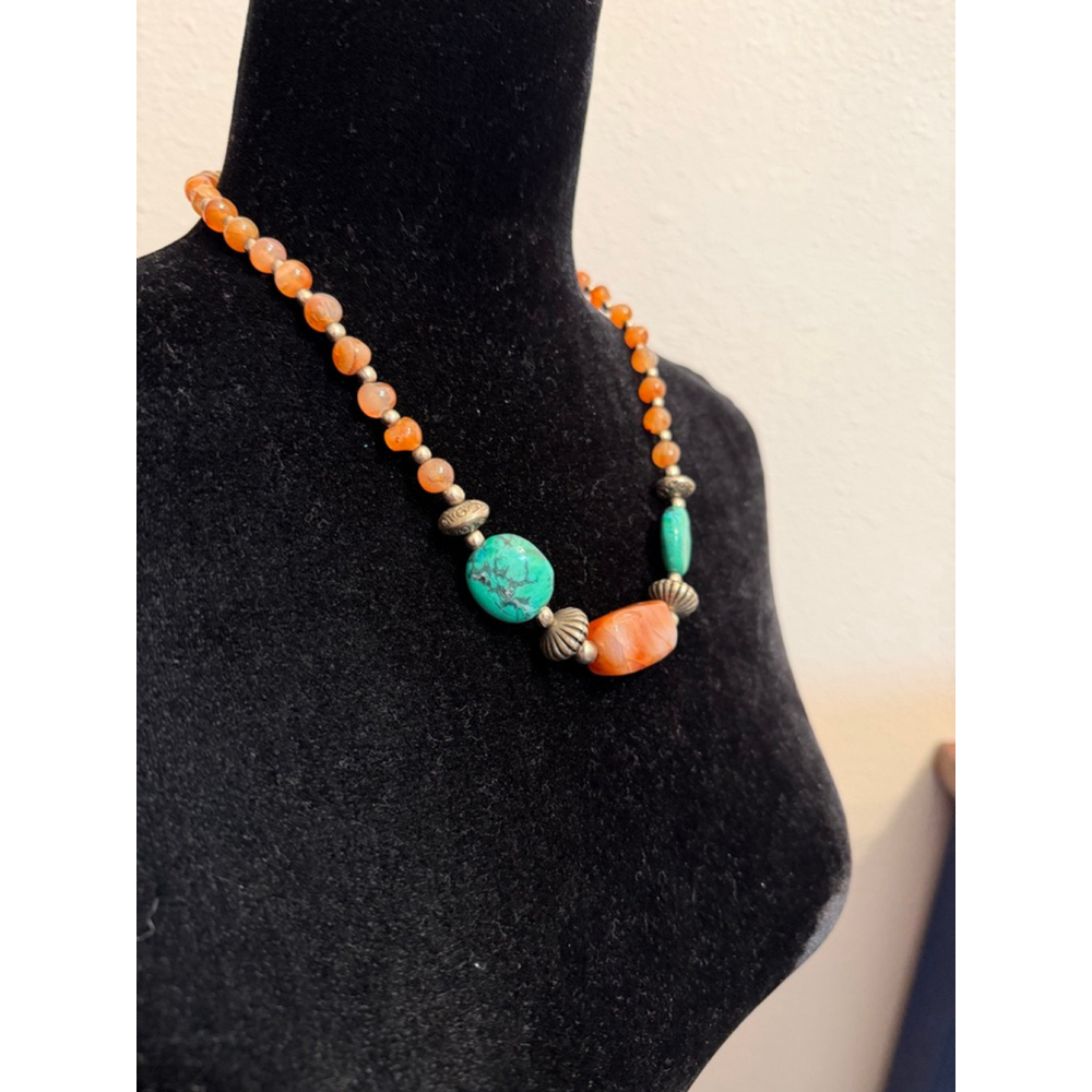 Carnelian & Turquoise Beaded Necklace Boho Artisan Silver Tone Gemstone Jewelry - Picture 3 of 5
